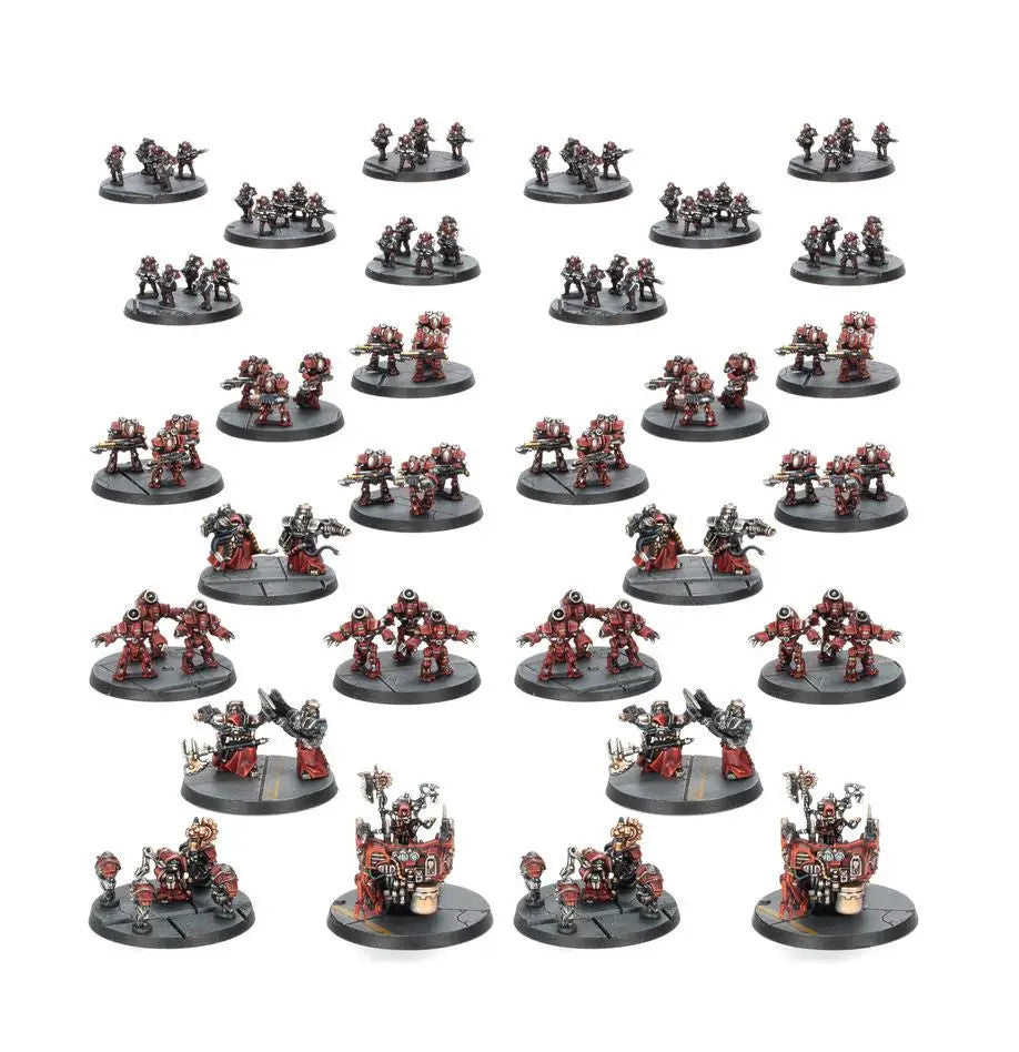 Collection of Mechanicum Infantry miniature figurines on circular bases in red and metallic colors