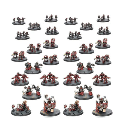 Collection of Mechanicum Infantry miniature figurines on circular bases in red and metallic colors