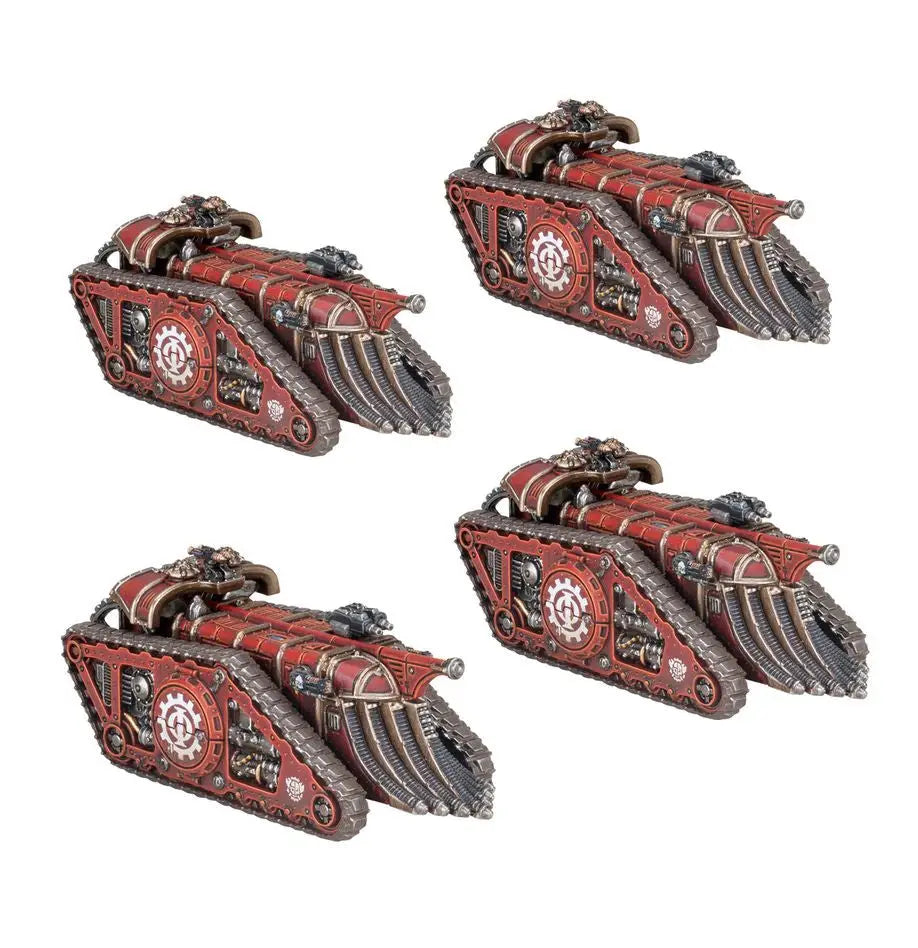 Four red and metallic Triaros Armoured Conveyors from Mechanicum Taghmata with emblems