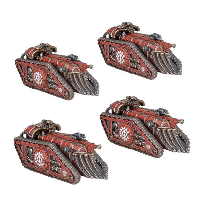 Four red and metallic Triaros Armoured Conveyors from Mechanicum Taghmata with emblems