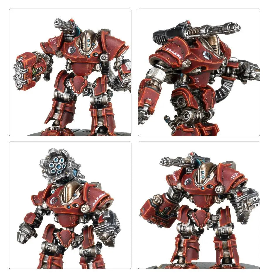 Red Thanatar Cohort robotic battle suit with mauler bolt cannons and metallic armor