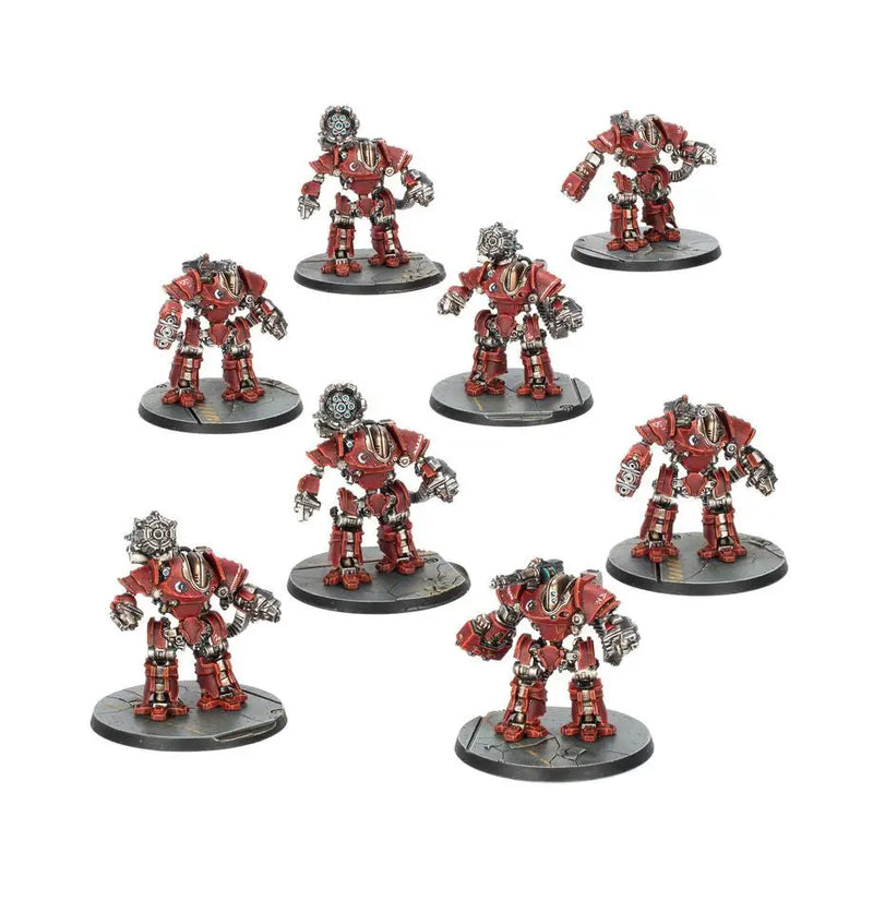 Eight Thanatar Siege-Automata with Mauler Bolt Cannons in a circular formation