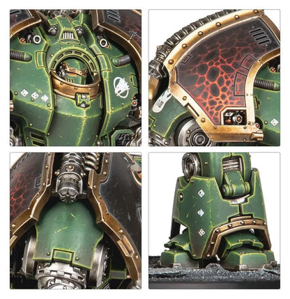 Painted miniature of a green and gold Saturnine Siege Dreadnought for Warhammer Saturnine Siege