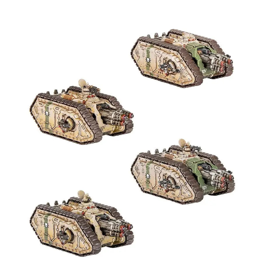 Four Warhammer 40,000 Cerberus Heavy Tank miniatures in desert camouflage for Warhammer LEGIONS IMPERIALIS