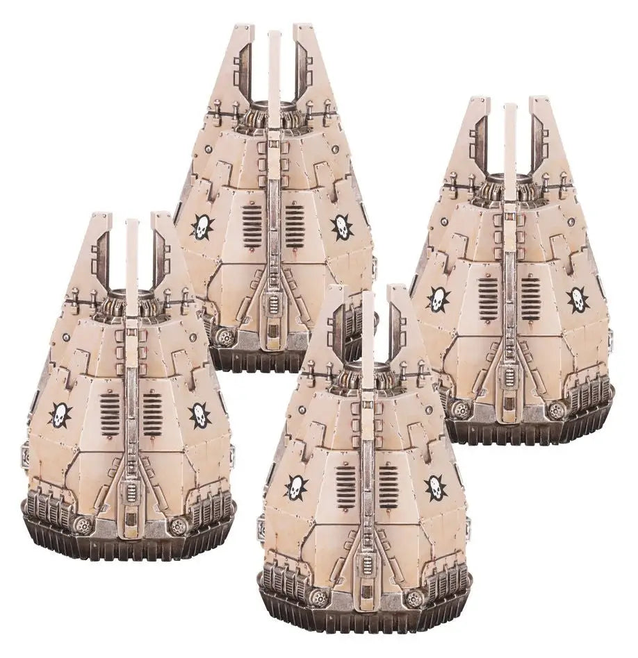 Four identical beige futuristic drop pods with mechanical details for Warhammer LEGIONS IMPERIALIS