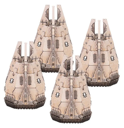 Four identical beige futuristic drop pods with mechanical details for Warhammer LEGIONS IMPERIALIS