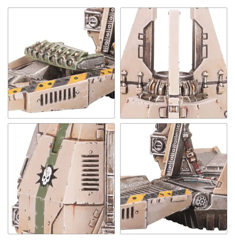 Futuristic Warhammer Dreadnought Drop Pods with angular armor and weapon mounts