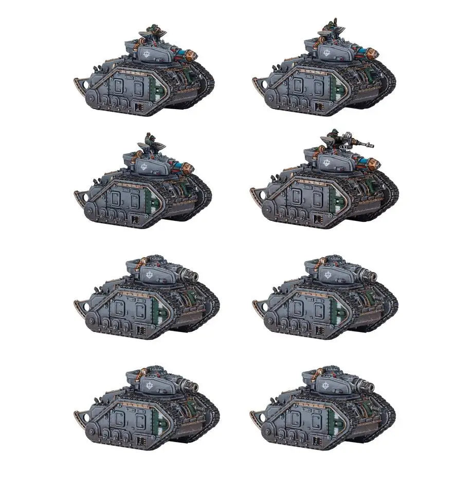 Eight identical grey Leman Russ tanks in Warhammer Legions Imperialis display