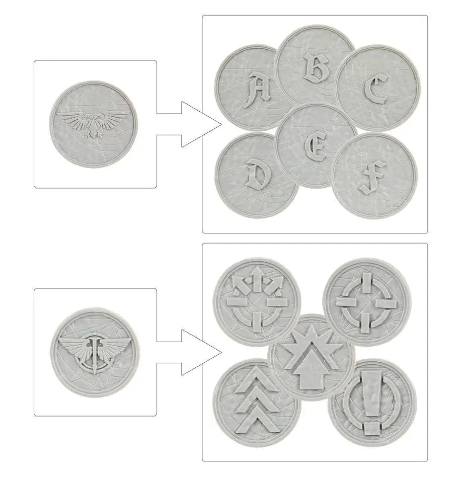 Two sets of circular tokens with embossed designs for Warhammer LEGIONS IMPERIALIS order tokens 16x