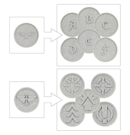 Two sets of circular tokens with embossed designs for Warhammer LEGIONS IMPERIALIS order tokens 16x