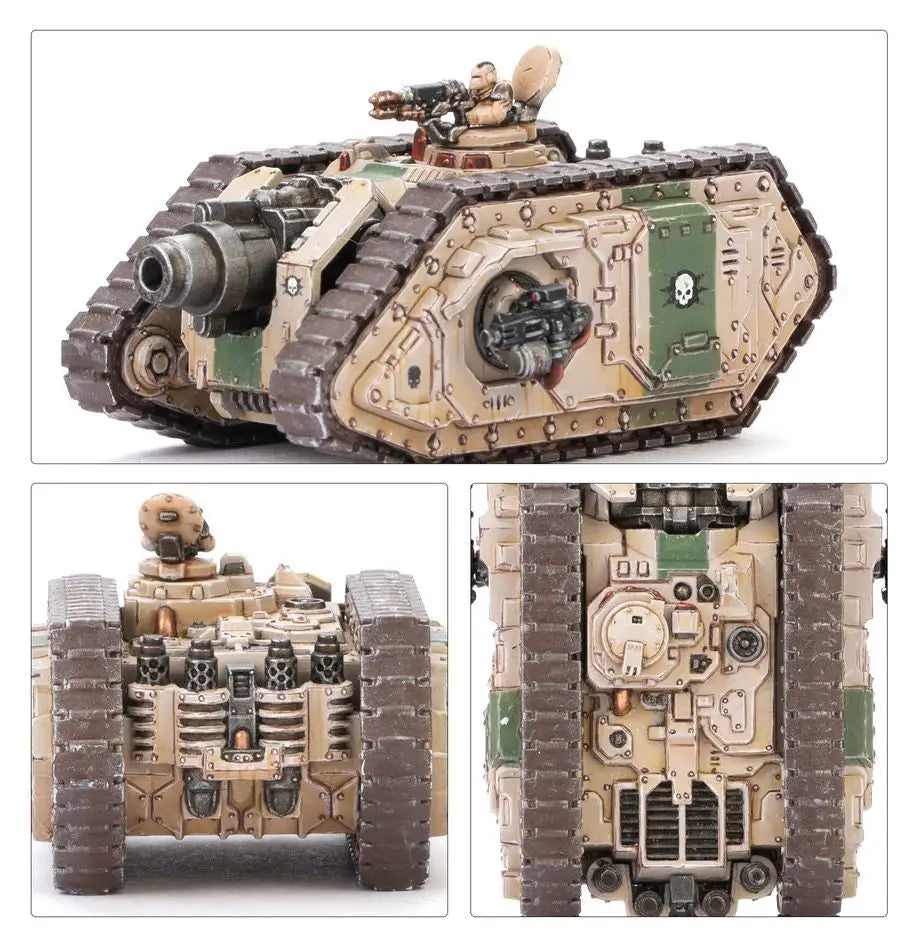 Painted miniature Typhon Heavy Siege Tank model with desert camouflage and mounted weaponry