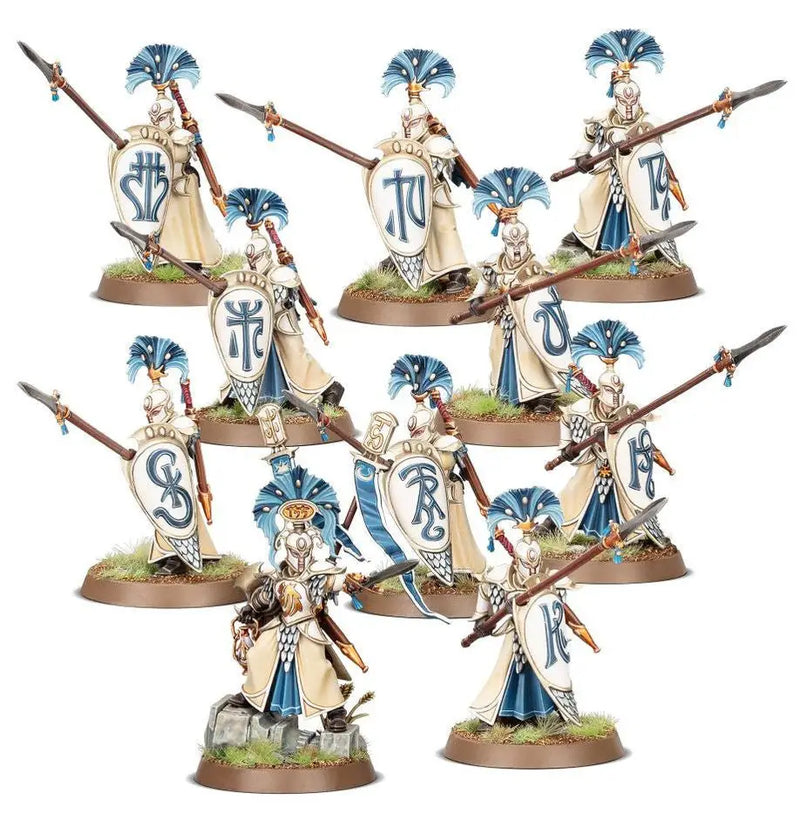 Auralan Wardens tabletop miniature figurines featuring armored spear-wielding warriors with shields