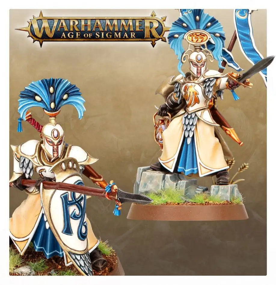 Miniature figures of armored Auralan Wardens with weapons and plumes from Warhammer Lumineth Realm-lords
