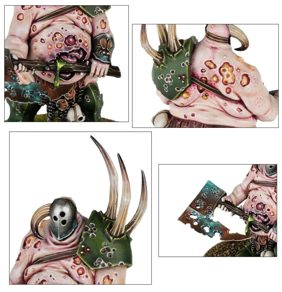Nurgle-themed plague-ridden great blade miniature figure with horns, mask, and rusted axe