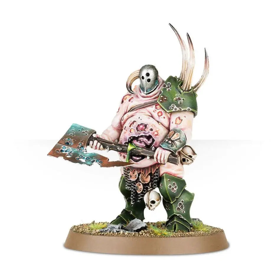 Grotesque Nurgle-corrupted warrior miniature with plague-ridden great blade and diseased skin