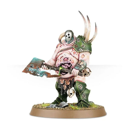 Grotesque Nurgle-corrupted warrior miniature with plague-ridden great blade and diseased skin