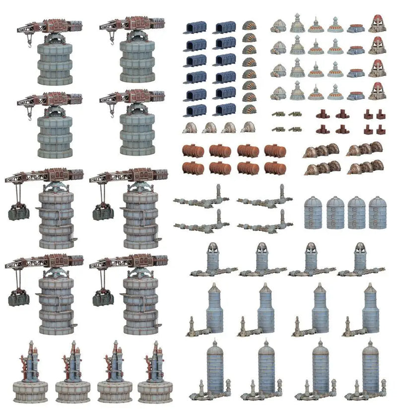 Sci-fi industrial terrain pieces with generator towers in Warhammer MANUFACTORUM IMPERIALIS SECTOR