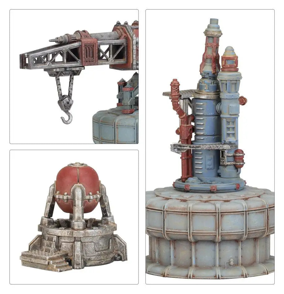 Industrial sci-fi machinery components from Warhammer MANUFACTORUM IMPERIALIS SECTOR kit, including generator towers