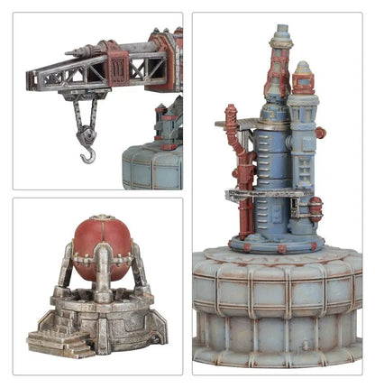 Industrial sci-fi machinery components from Warhammer MANUFACTORUM IMPERIALIS SECTOR kit, including generator towers