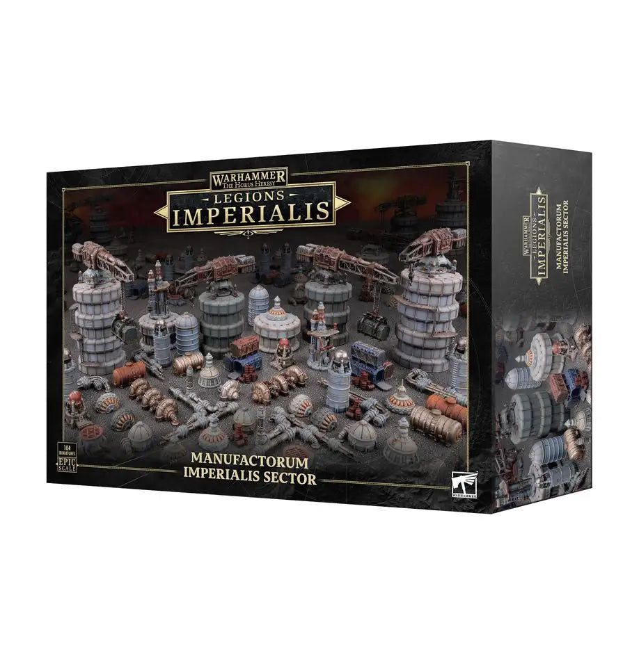 Warhammer 40000 Legions Imperialis Manufactorum Imperialis Sector terrain set with silos and generator towers