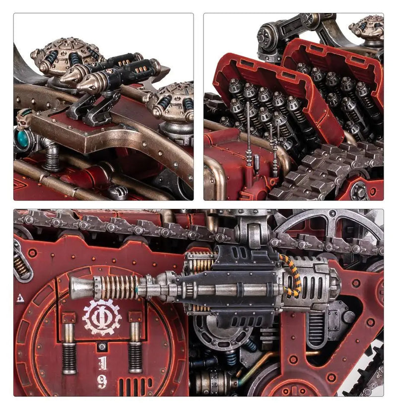 Intricate red and metallic Karacnos Assault Tank featuring a mortar battery design