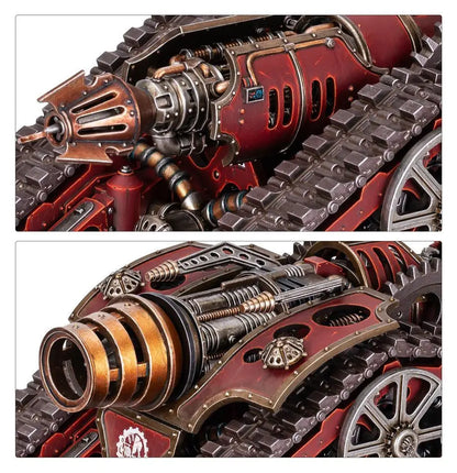 Red and silver steampunk Krios Battle Tank from Warhammer Mechanicum