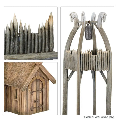 Viking-themed miniature building and fortifications in Rohan Stronghold for Warhammer