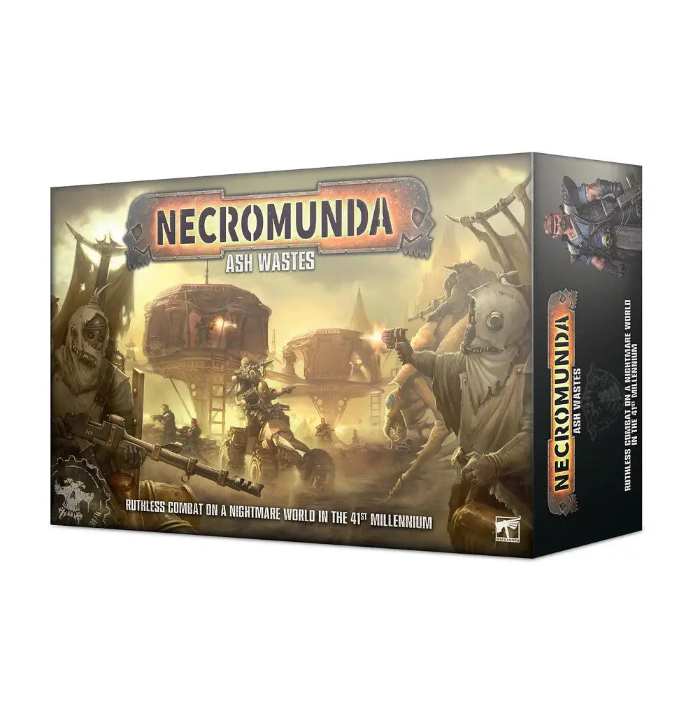 Board game box for Necromunda Ash Wastes featuring a dystopian sci-fi battle scene