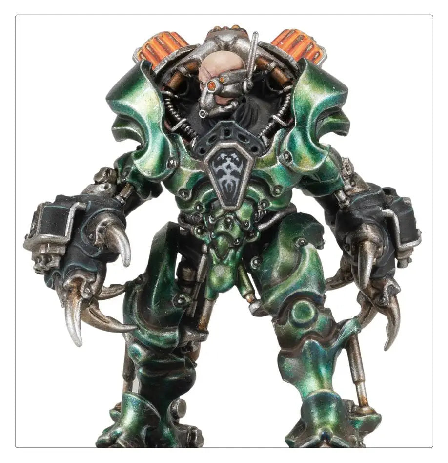 Metallic robotic warrior in dark green armor for Orrus Spyre Hunters product