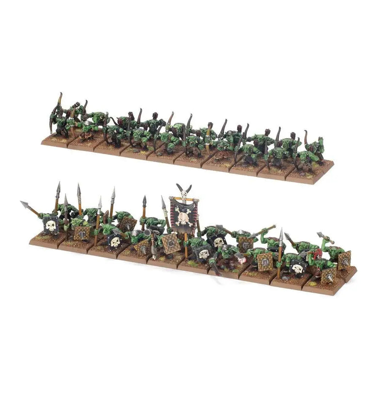 Painted miniature Goblin warriors for Warhammer Goblin Tribes, ideal for tabletop gaming