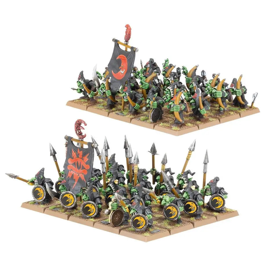 Miniature Night Goblin army figurines in battle formation for Goblin Tribes game
