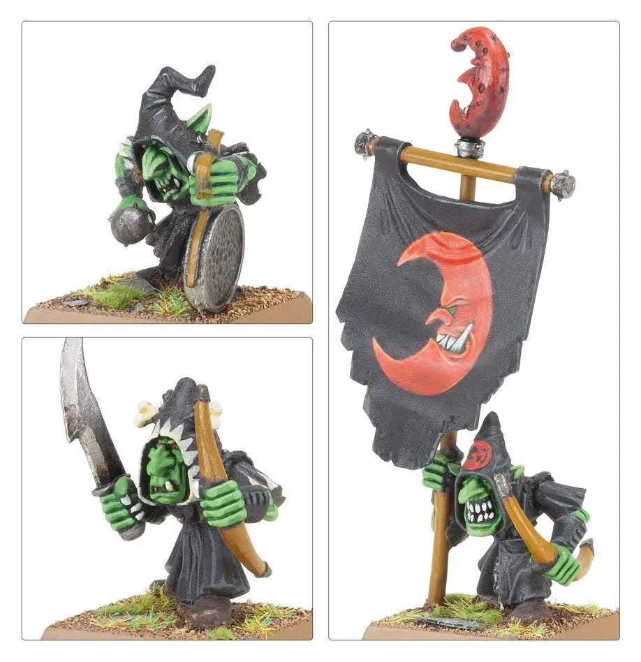 Miniature Night Goblins and Orc figurines with weapons from Warhammer Goblin Tribes