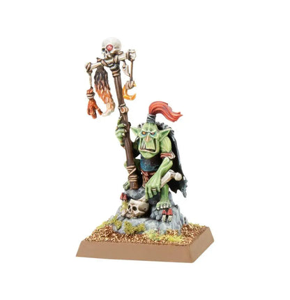 Green-skinned Goblin Shaman figurine from Warhammer Goblin Tribes with skeletal staff