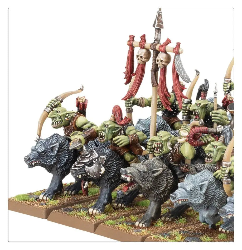 Miniature Goblin Wolf Riders from Warhammer: Orc & Goblin Tribes, ideal for wargaming