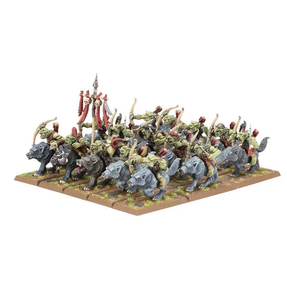 Miniature Goblin Tribes army with Goblin Wolf Riders on large rodents for Warhammer game