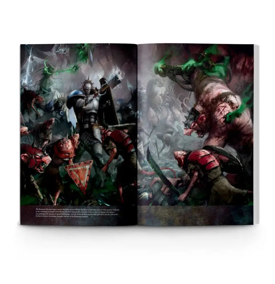 Open book showing fantasy battle scene from Warhammer Stormcast Eternals Order Battletome four battle