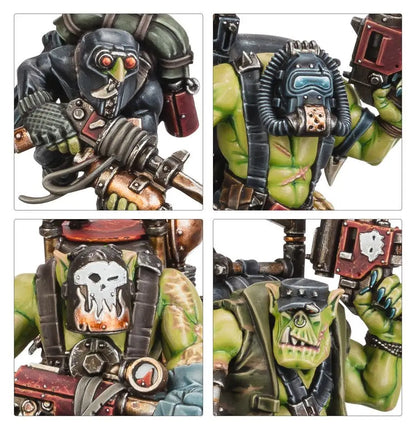 Four detailed close-up views of painted Warhammer 40,000 Ork figures featuring kommando armed kit builds and boss nob detail