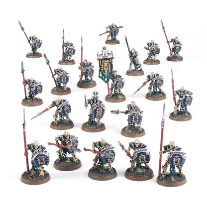 Painted miniature skeleton warriors with weapons and shields from Warhammer OSSIARCH BONEREAPERS MORTEK GUARD