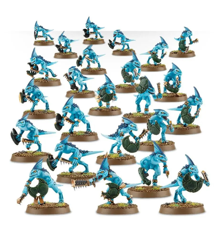 Light blue Seraphon Skinks fantasy miniatures with weapons and shields, featuring moonstone club