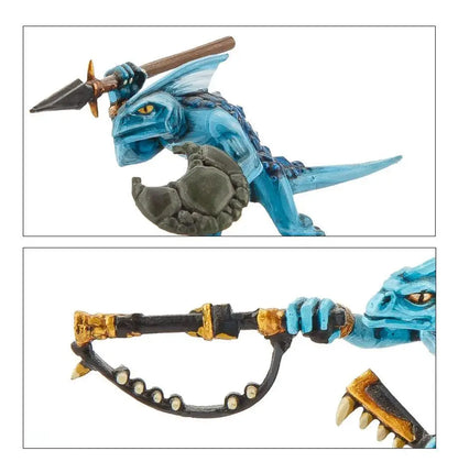 Blue Seraphon Skink miniature holding a moonstone club and bladed weapon for Warhammer