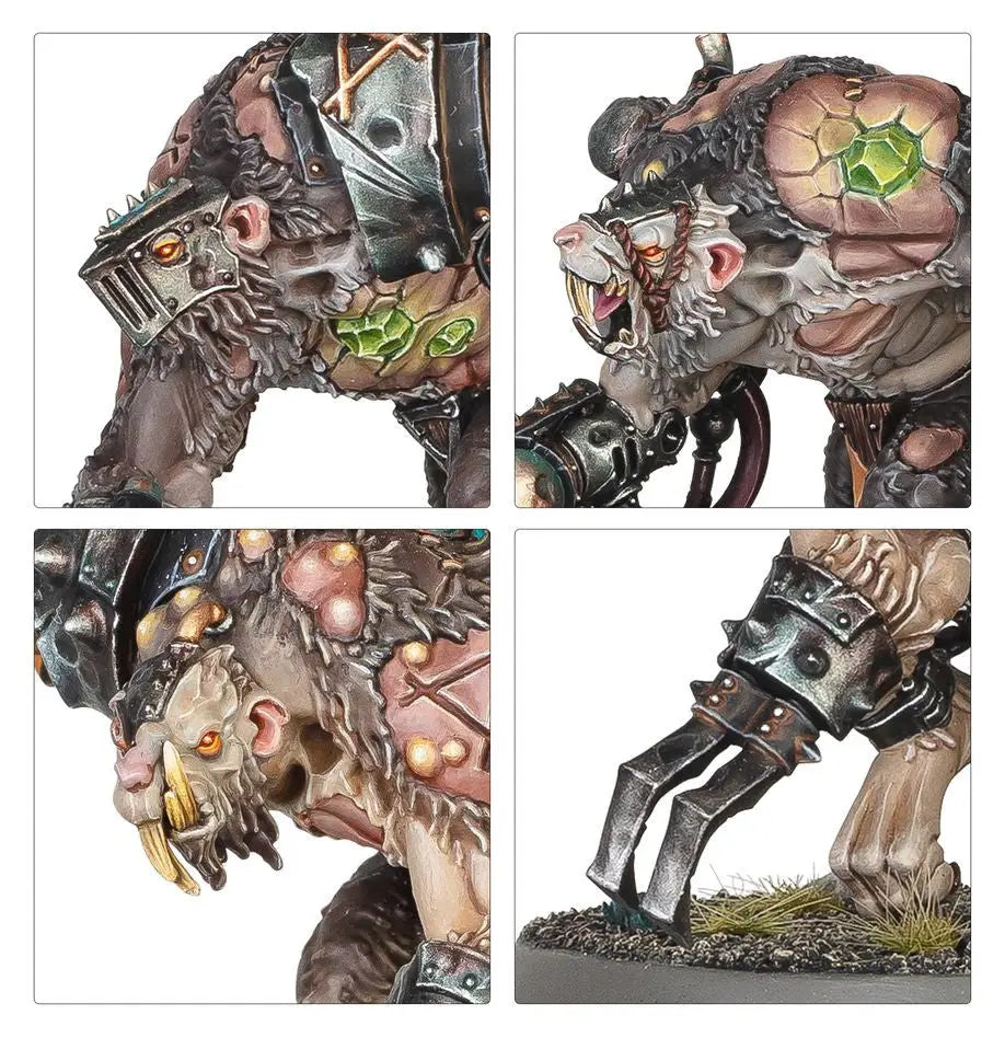Grotesque biomechanical Rat Ogors creature with metallic implants and glowing green elements