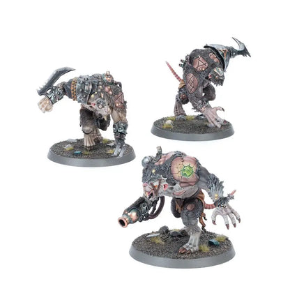 Three grotesque Rat Ogors with mechanical augmentations on gaming bases for Warhammer