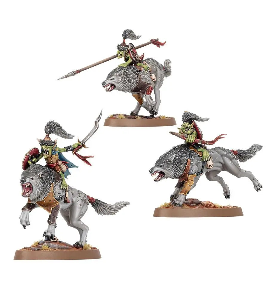 Three goblin wolf rider miniatures from Warhammer Snarlboss & Wolfgit Retinue