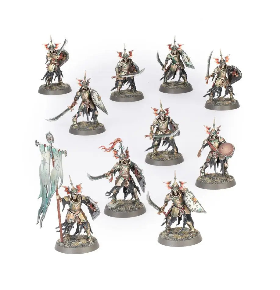 Miniature undead warriors from Warhammer Soulblight Gravelords Barrow Guard set