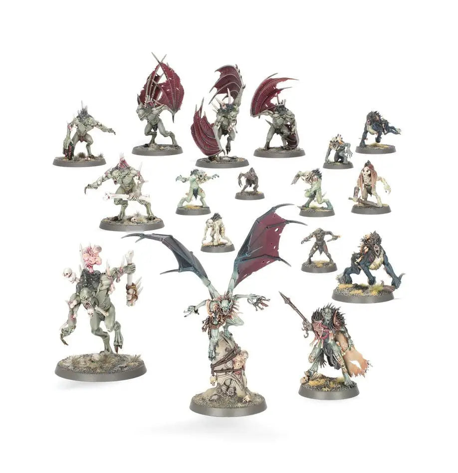 Fantasy miniature figures featuring crypt horrors and winged crypt flayers on round bases for Warhammer SPEARHEAD CHARNEL WATCH