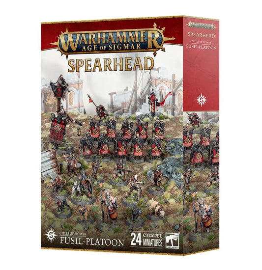 Warhammer Age of Sigmar miniatures box featuring Freeguild Fusiliers and round bases
