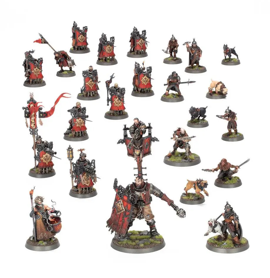 Miniature Warhammer army with freeguild fusiliers on round bases and Ogor Warhulk in Warhammer SPEARHEAD CITIES OF SIGMAR FUSIL-