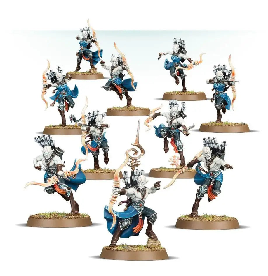 Ten painted miniature Elf archers from Warhammer SPEARHEAD: IDONETH DEEPKIN Akhelian Tide Guard
