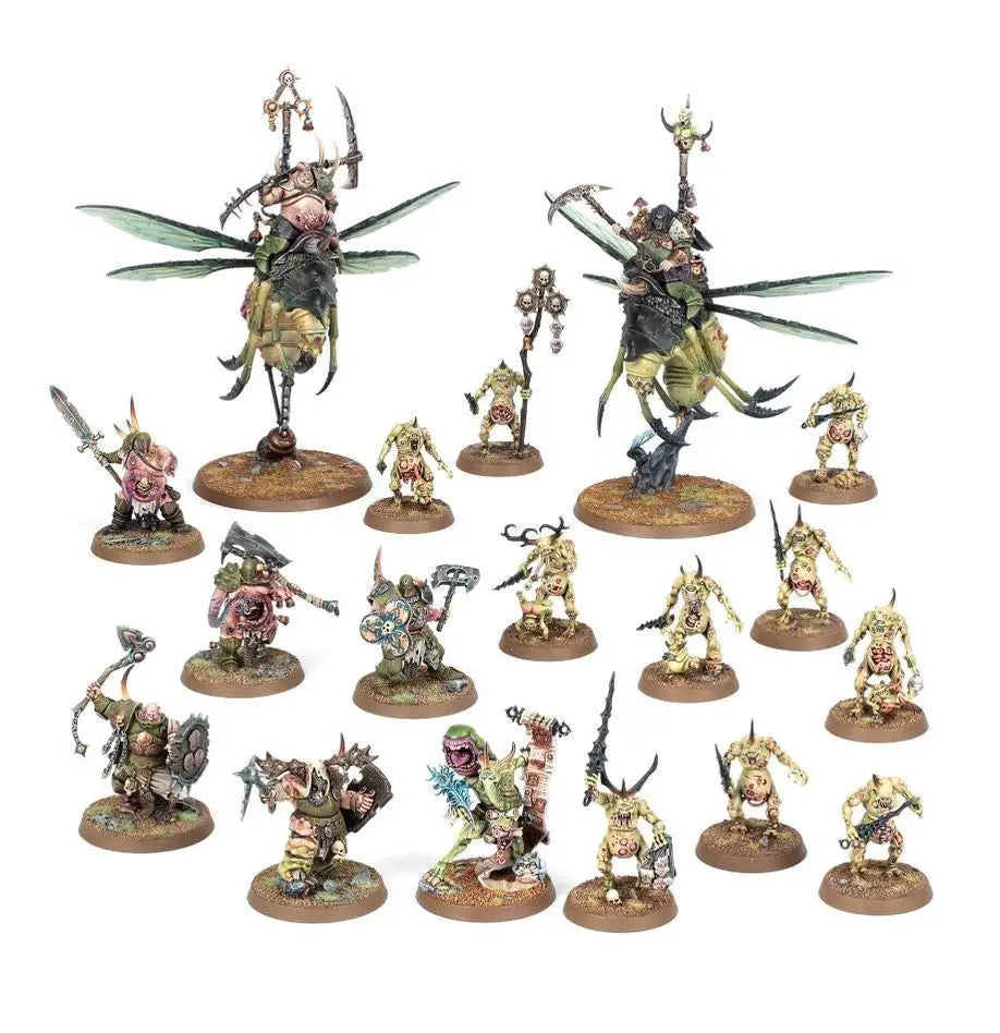 Painted Warhammer Spearhead Maggotkin of Nurgle miniature wargaming figures with fly-mounted models