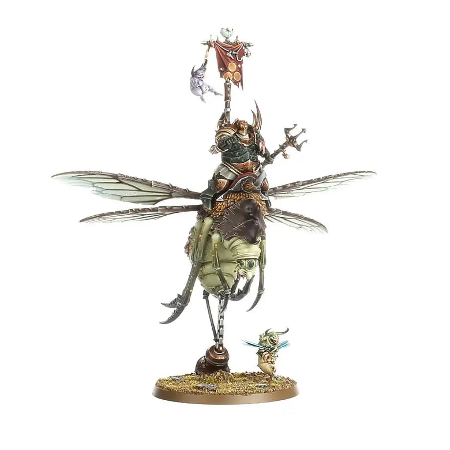 Miniature warrior riding insectoid creature with wings and trident in Warhammer Spearhead Maggotkin of Nurgle